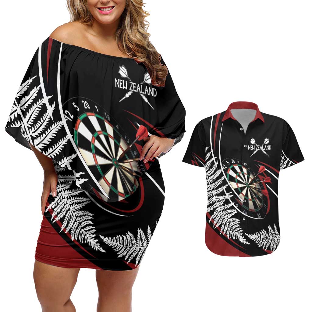New Zealand Darts Personalised Couples Matching Off Shoulder Short Dress and Hawaiian Shirt Silver Fern Dynamic LT7 Red - Polynesian Pride