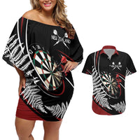 New Zealand Darts Personalised Couples Matching Off Shoulder Short Dress and Hawaiian Shirt Silver Fern Dynamic LT7 Red - Polynesian Pride