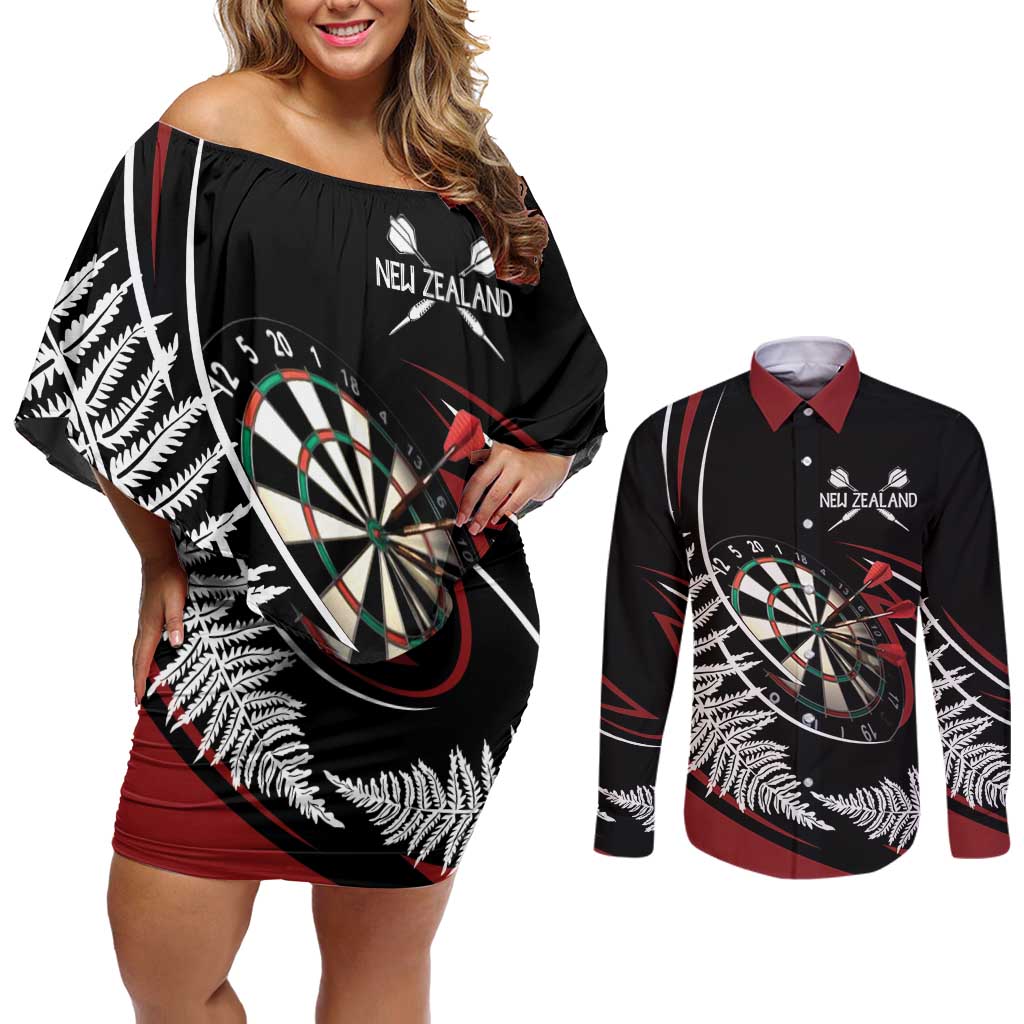 New Zealand Darts Personalised Couples Matching Off Shoulder Short Dress and Long Sleeve Button Shirt Silver Fern Dynamic LT7 Red - Polynesian Pride