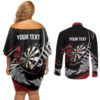 New Zealand Darts Personalised Couples Matching Off Shoulder Short Dress and Long Sleeve Button Shirt Silver Fern Dynamic LT7 - Polynesian Pride