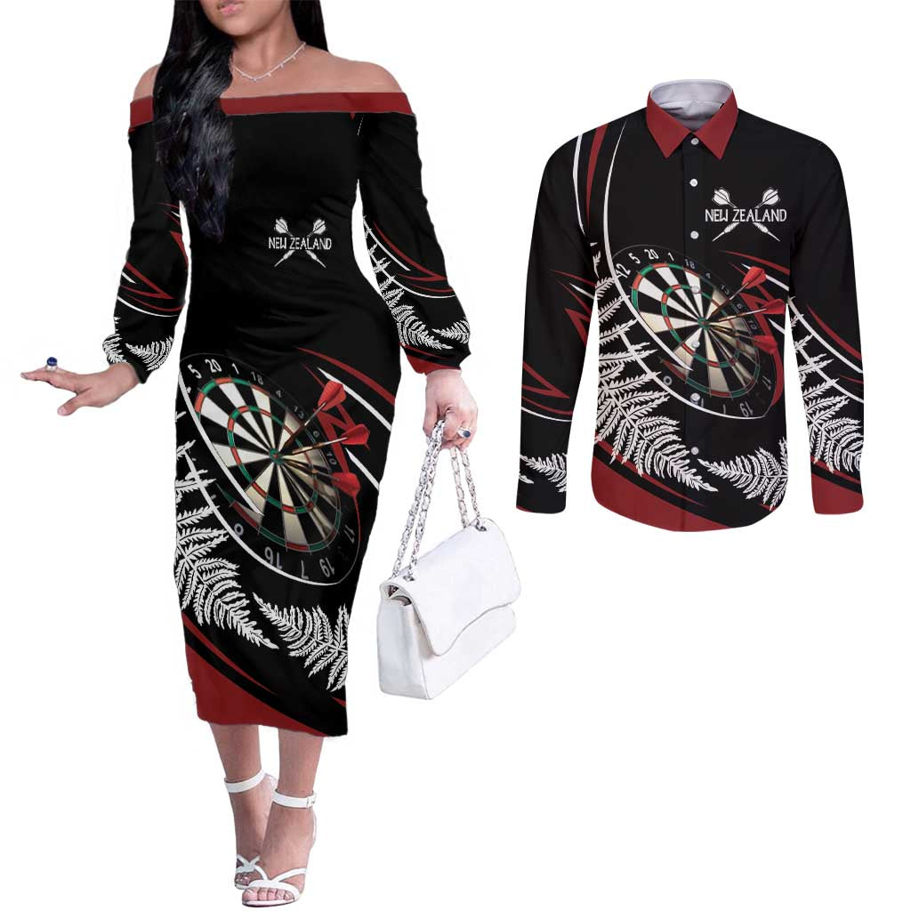 New Zealand Darts Personalised Couples Matching Off The Shoulder Long Sleeve Dress and Long Sleeve Button Shirt Silver Fern Dynamic LT7 Red - Polynesian Pride