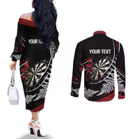 New Zealand Darts Personalised Couples Matching Off The Shoulder Long Sleeve Dress and Long Sleeve Button Shirt Silver Fern Dynamic LT7 - Polynesian Pride