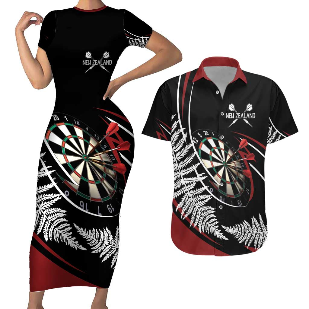 New Zealand Darts Personalised Couples Matching Short Sleeve Bodycon Dress and Hawaiian Shirt Silver Fern Dynamic LT7 Red - Polynesian Pride