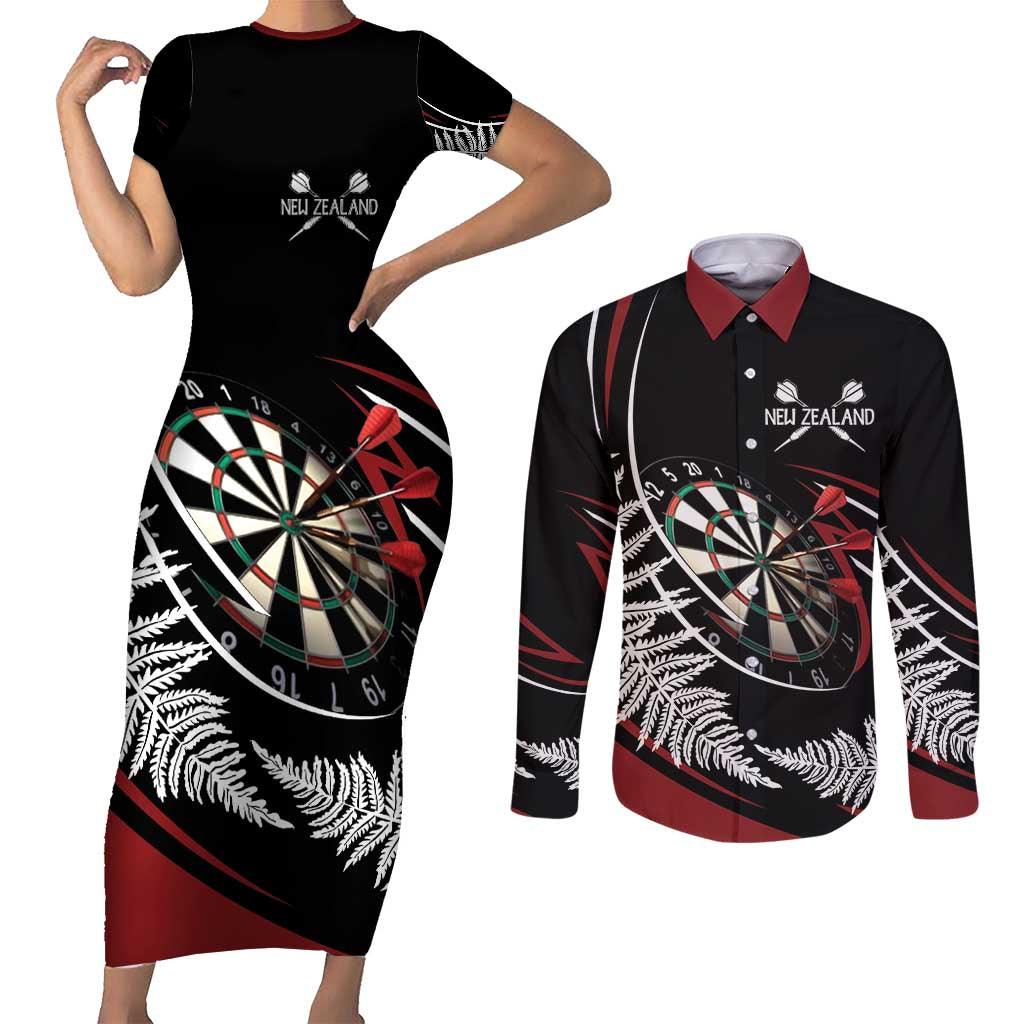 New Zealand Darts Personalised Couples Matching Short Sleeve Bodycon Dress and Long Sleeve Button Shirt Silver Fern Dynamic LT7 Red - Polynesian Pride