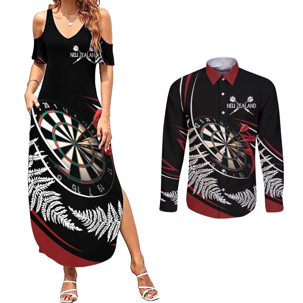 New Zealand Darts Personalised Couples Matching Summer Maxi Dress and Long Sleeve Button Shirt Silver Fern Dynamic LT7 Red - Polynesian Pride