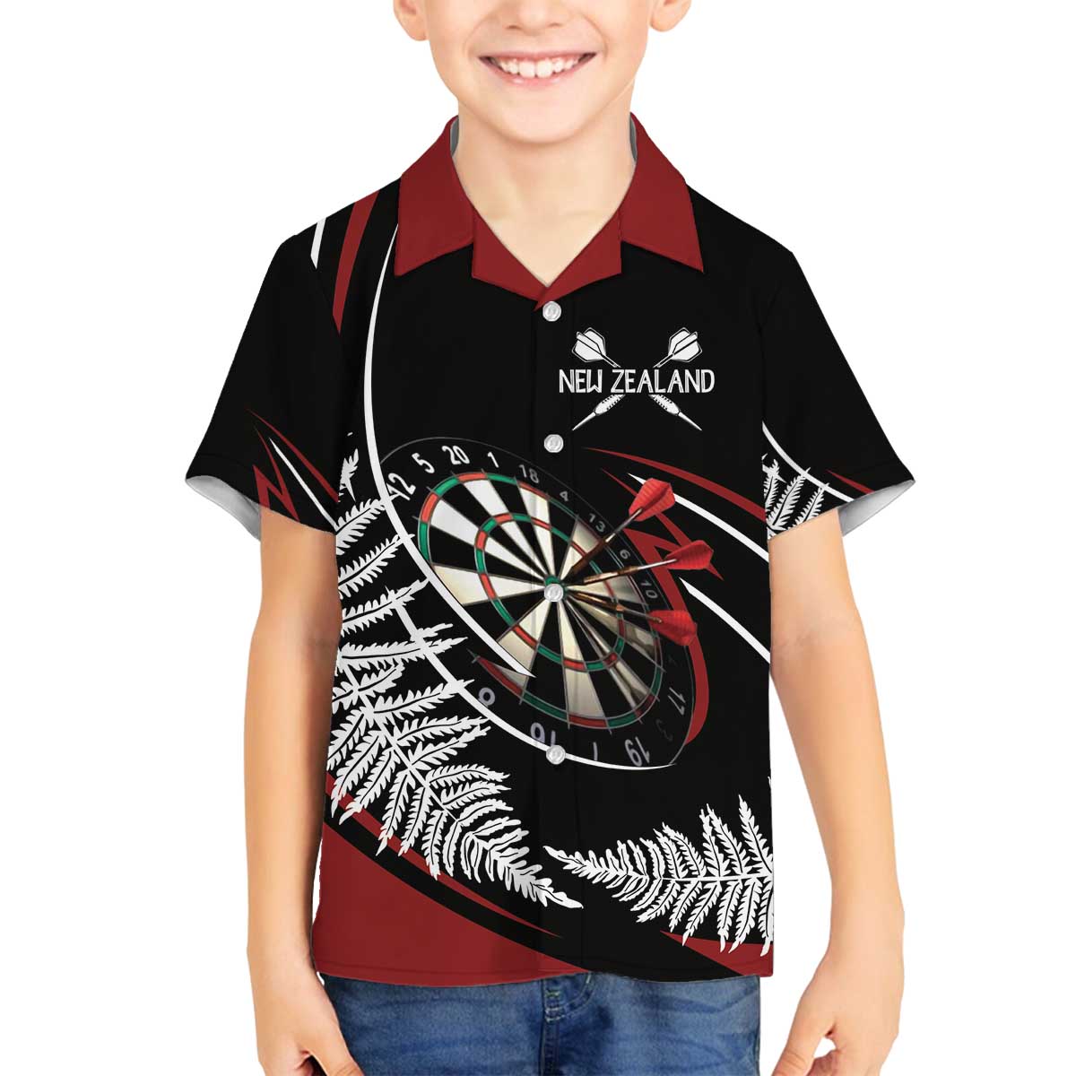 New Zealand Darts Personalised Family Matching Off The Shoulder Long Sleeve Dress and Hawaiian Shirt Silver Fern Dynamic LT7 Son's Shirt Red - Polynesian Pride