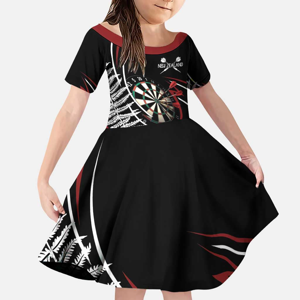New Zealand Darts Personalised Family Matching Puletasi and Hawaiian Shirt Silver Fern Dynamic LT7 Daughter's Dress Red - Polynesian Pride