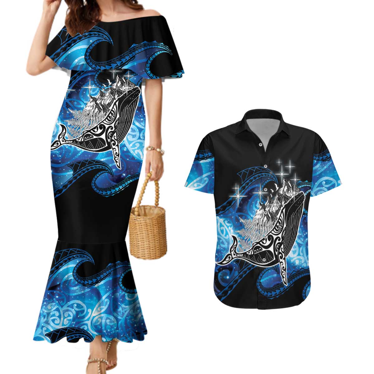 Maori Matariki Te Araroa Paikea Starry Couples Matching Mermaid Dress and Hawaiian Shirt Tangaroa Whakatauki LT7 Black - Polynesian Pride