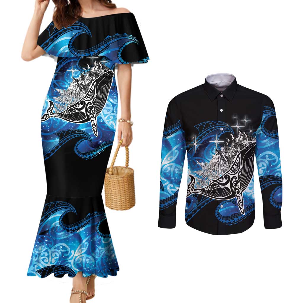 Maori Matariki Te Araroa Paikea Starry Couples Matching Mermaid Dress and Long Sleeve Button Shirt Tangaroa Whakatauki LT7 Black - Polynesian Pride