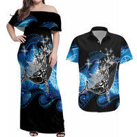 Maori Matariki Te Araroa Paikea Starry Couples Matching Off Shoulder Maxi Dress and Hawaiian Shirt Tangaroa Whakatauki LT7 Black - Polynesian Pride
