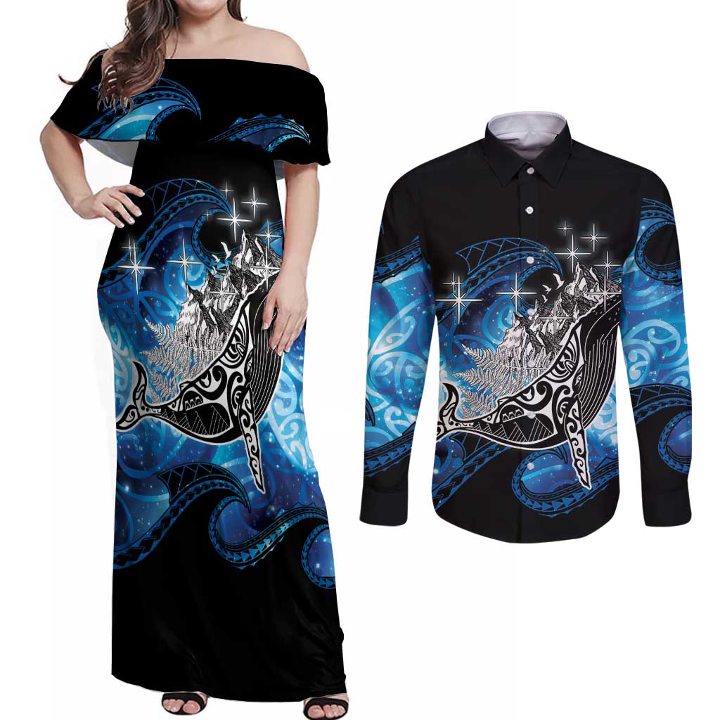 Maori Matariki Te Araroa Paikea Starry Couples Matching Off Shoulder Maxi Dress and Long Sleeve Button Shirt Tangaroa Whakatauki LT7 Black - Polynesian Pride