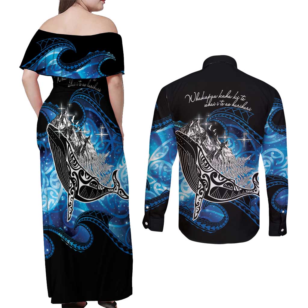 Maori Matariki Te Araroa Paikea Starry Couples Matching Off Shoulder Maxi Dress and Long Sleeve Button Shirt Tangaroa Whakatauki LT7 - Polynesian Pride