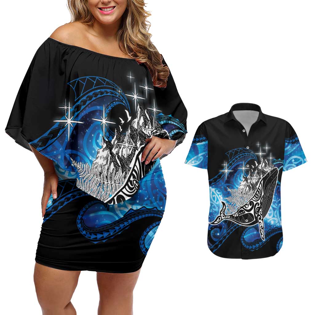 Maori Matariki Te Araroa Paikea Starry Couples Matching Off Shoulder Short Dress and Hawaiian Shirt Tangaroa Whakatauki LT7 Black - Polynesian Pride