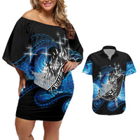 Maori Matariki Te Araroa Paikea Starry Couples Matching Off Shoulder Short Dress and Hawaiian Shirt Tangaroa Whakatauki LT7 Black - Polynesian Pride