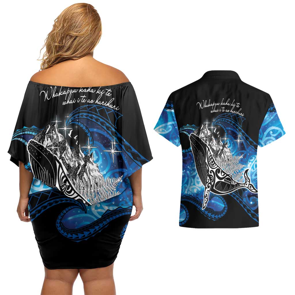 Maori Matariki Te Araroa Paikea Starry Couples Matching Off Shoulder Short Dress and Hawaiian Shirt Tangaroa Whakatauki LT7 - Polynesian Pride