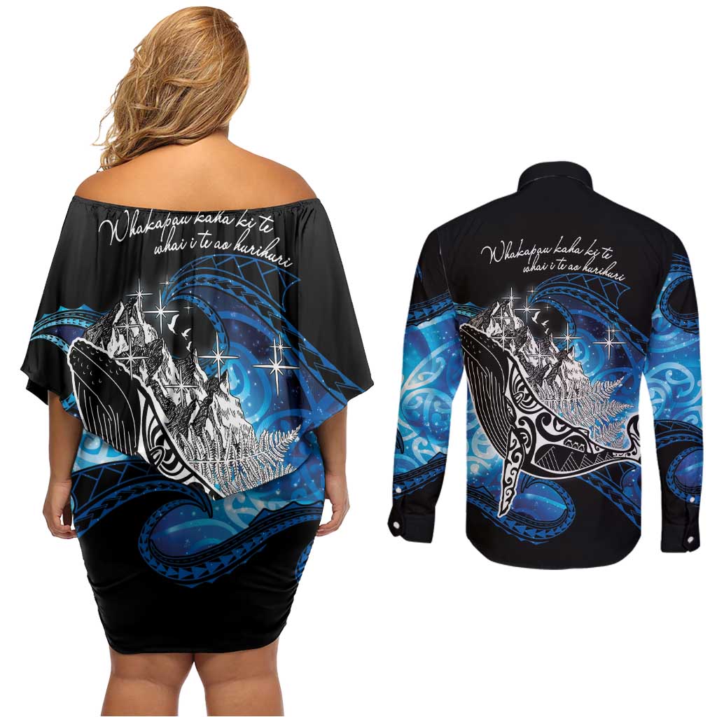 Maori Matariki Te Araroa Paikea Starry Couples Matching Off Shoulder Short Dress and Long Sleeve Button Shirt Tangaroa Whakatauki LT7 - Polynesian Pride