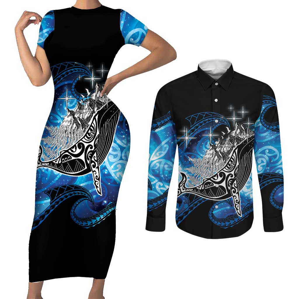 Maori Matariki Te Araroa Paikea Starry Couples Matching Short Sleeve Bodycon Dress and Long Sleeve Button Shirt Tangaroa Whakatauki LT7 Black - Polynesian Pride