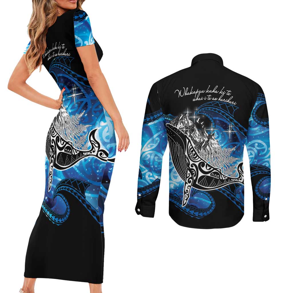 Maori Matariki Te Araroa Paikea Starry Couples Matching Short Sleeve Bodycon Dress and Long Sleeve Button Shirt Tangaroa Whakatauki LT7 - Polynesian Pride