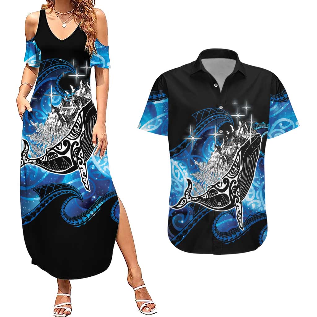 Maori Matariki Te Araroa Paikea Starry Couples Matching Summer Maxi Dress and Hawaiian Shirt Tangaroa Whakatauki LT7 Black - Polynesian Pride