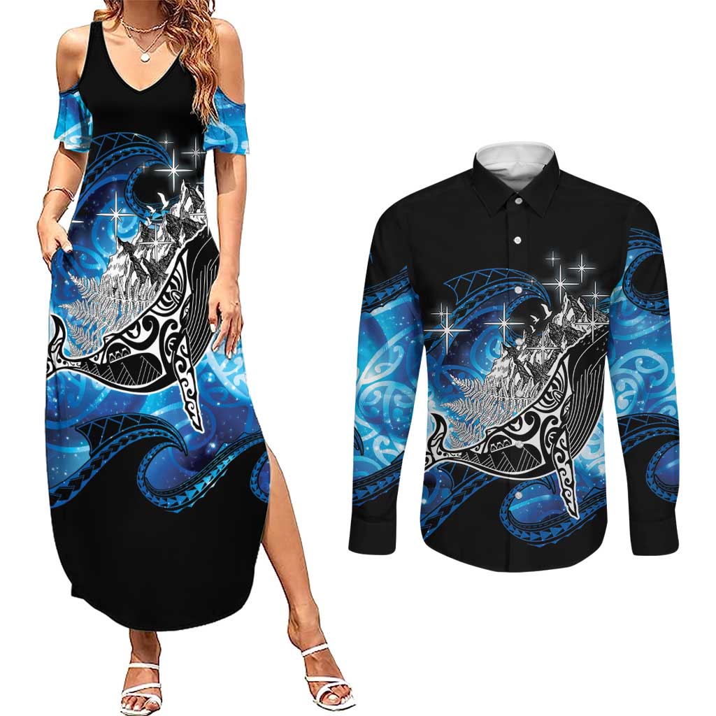 Maori Matariki Te Araroa Paikea Starry Couples Matching Summer Maxi Dress and Long Sleeve Button Shirt Tangaroa Whakatauki LT7 Black - Polynesian Pride
