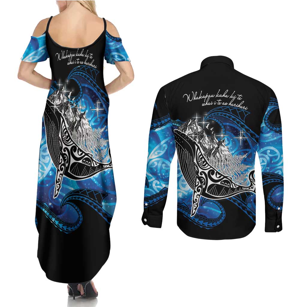 Maori Matariki Te Araroa Paikea Starry Couples Matching Summer Maxi Dress and Long Sleeve Button Shirt Tangaroa Whakatauki LT7 - Polynesian Pride