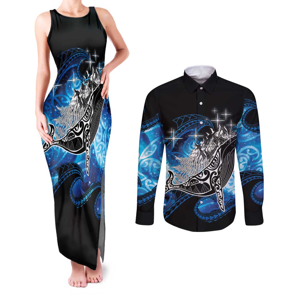 Maori Matariki Te Araroa Paikea Starry Couples Matching Tank Maxi Dress and Long Sleeve Button Shirt Tangaroa Whakatauki LT7 Black - Polynesian Pride