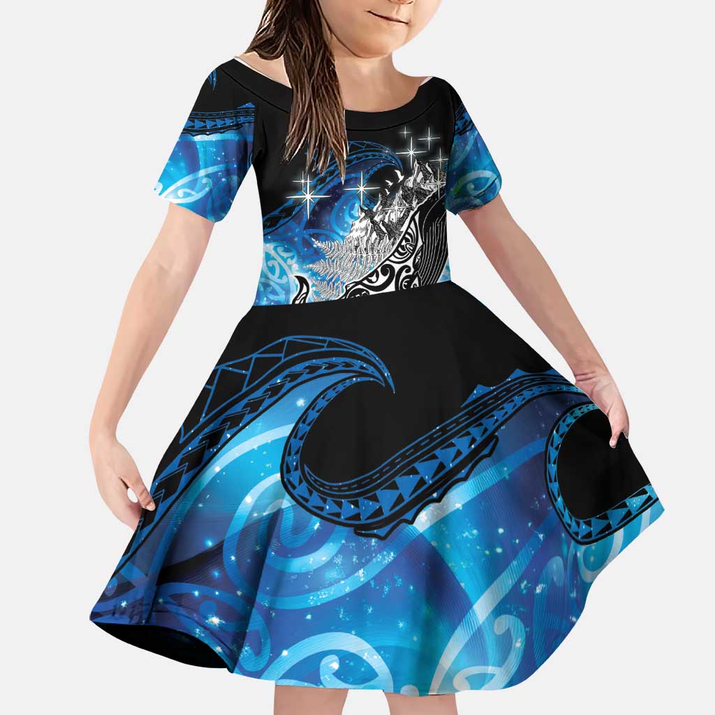 Maori Matariki Te Araroa Paikea Starry Family Matching Off The Shoulder Long Sleeve Dress and Hawaiian Shirt Tangaroa Whakatauki LT7 Daughter's Dress Black - Polynesian Pride