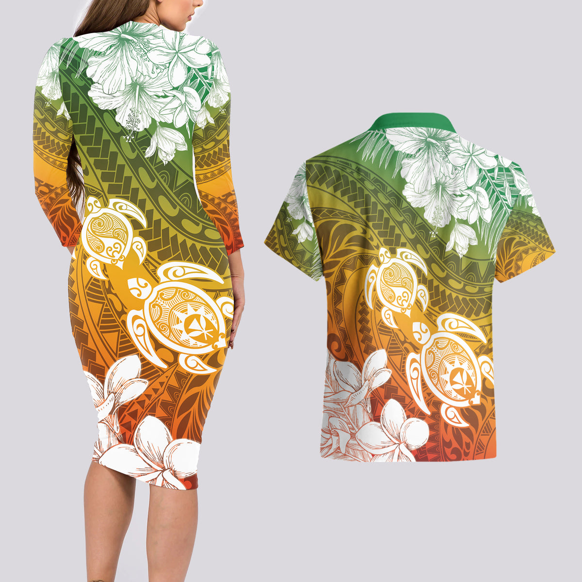 Kanaka Maoli Hawaii Flag Day Couples Matching Long Sleeve Bodycon Dress and Hawaiian Shirt Vibrant Frangipani LT7 - Polynesian Pride