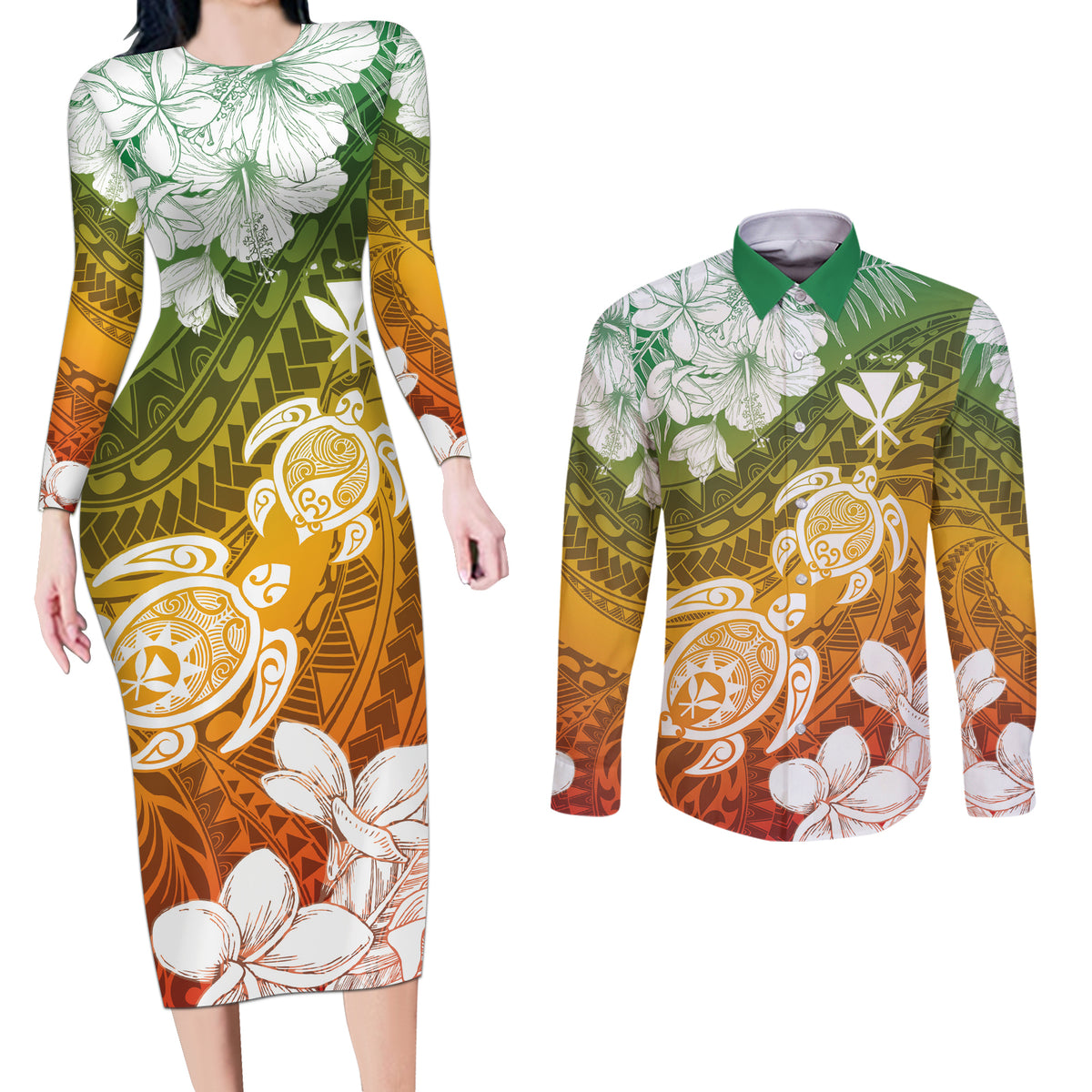 Kanaka Maoli Hawaii Flag Day Couples Matching Long Sleeve Bodycon Dress and Long Sleeve Button Shirt Vibrant Frangipani LT7 Colorful - Polynesian Pride
