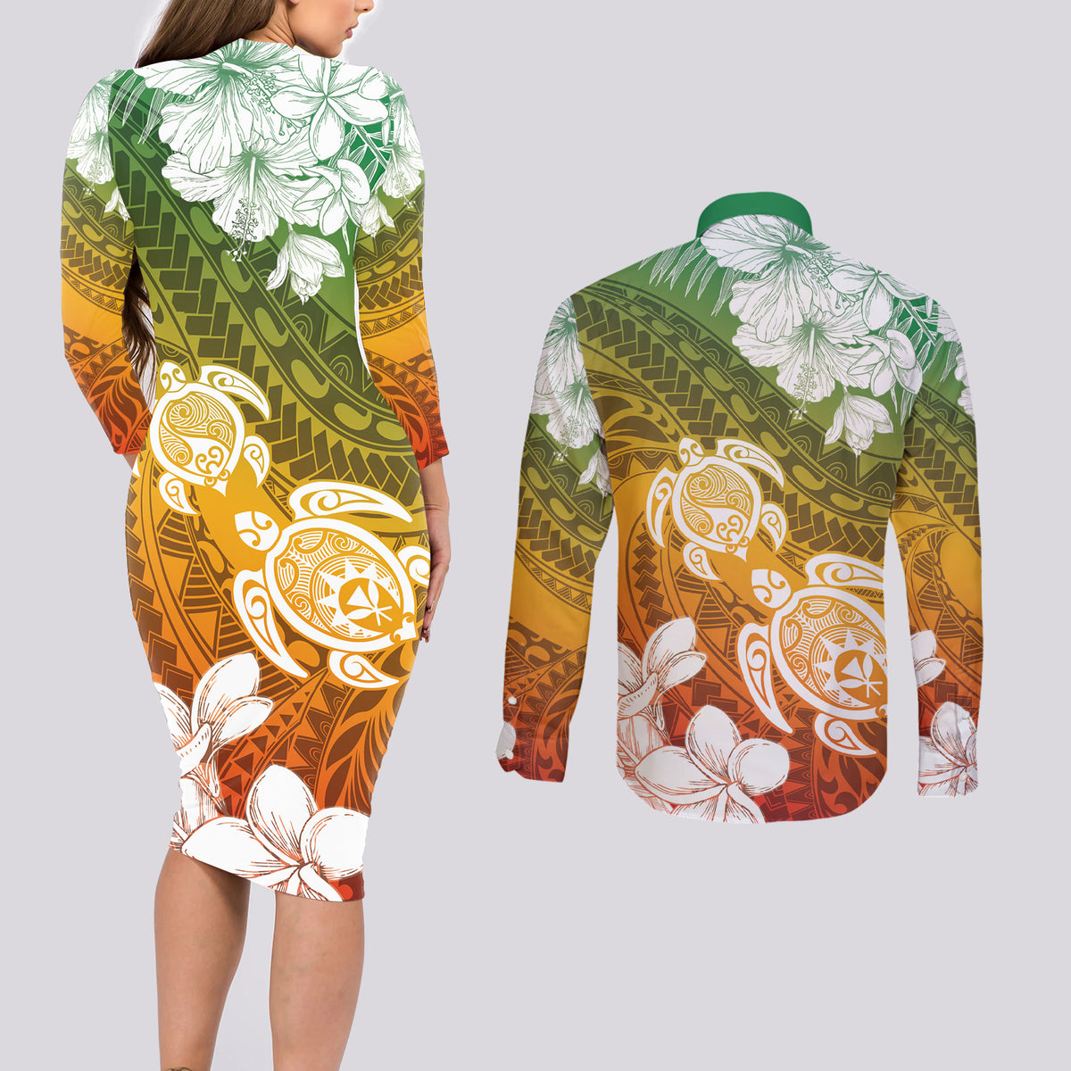 Kanaka Maoli Hawaii Flag Day Couples Matching Long Sleeve Bodycon Dress and Long Sleeve Button Shirt Vibrant Frangipani LT7 - Polynesian Pride