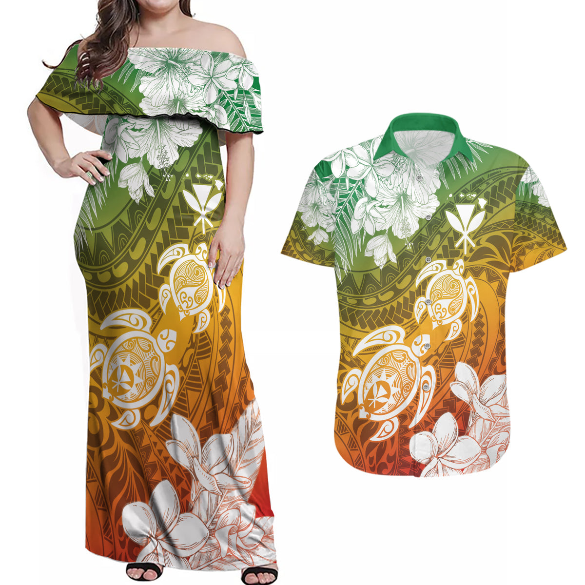 Kanaka Maoli Hawaii Flag Day Couples Matching Off Shoulder Maxi Dress and Hawaiian Shirt Vibrant Frangipani LT7 Colorful - Polynesian Pride