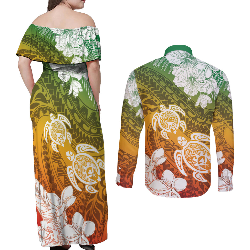 Kanaka Maoli Hawaii Flag Day Couples Matching Off Shoulder Maxi Dress and Long Sleeve Button Shirt Vibrant Frangipani LT7 - Polynesian Pride