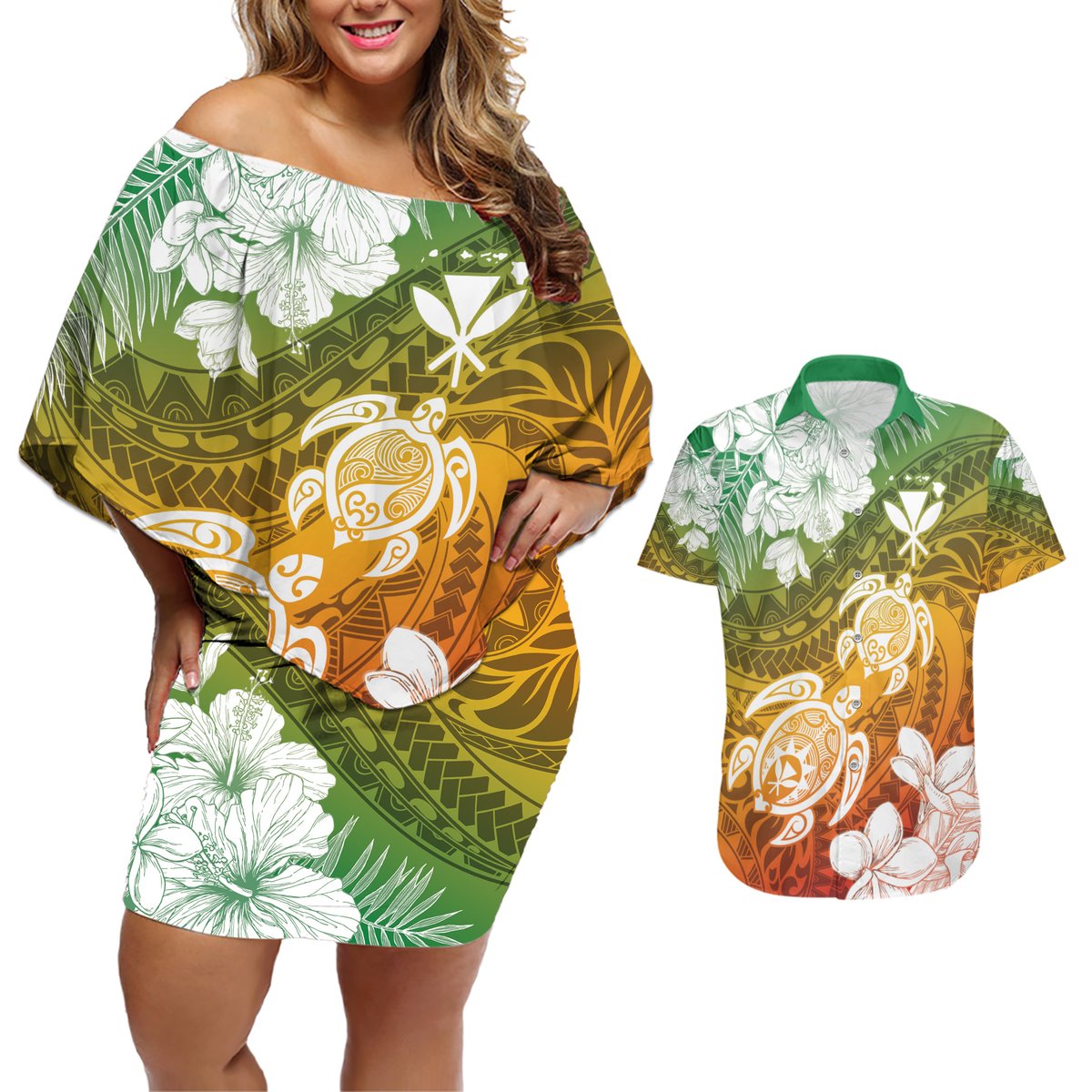 Kanaka Maoli Hawaii Flag Day Couples Matching Off Shoulder Short Dress and Hawaiian Shirt Vibrant Frangipani LT7 Colorful - Polynesian Pride