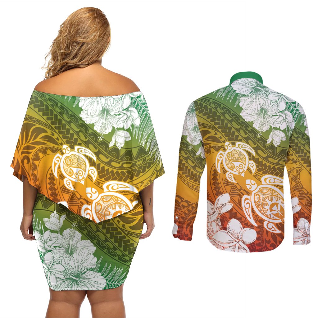 Kanaka Maoli Hawaii Flag Day Couples Matching Off Shoulder Short Dress and Long Sleeve Button Shirt Vibrant Frangipani LT7 - Polynesian Pride