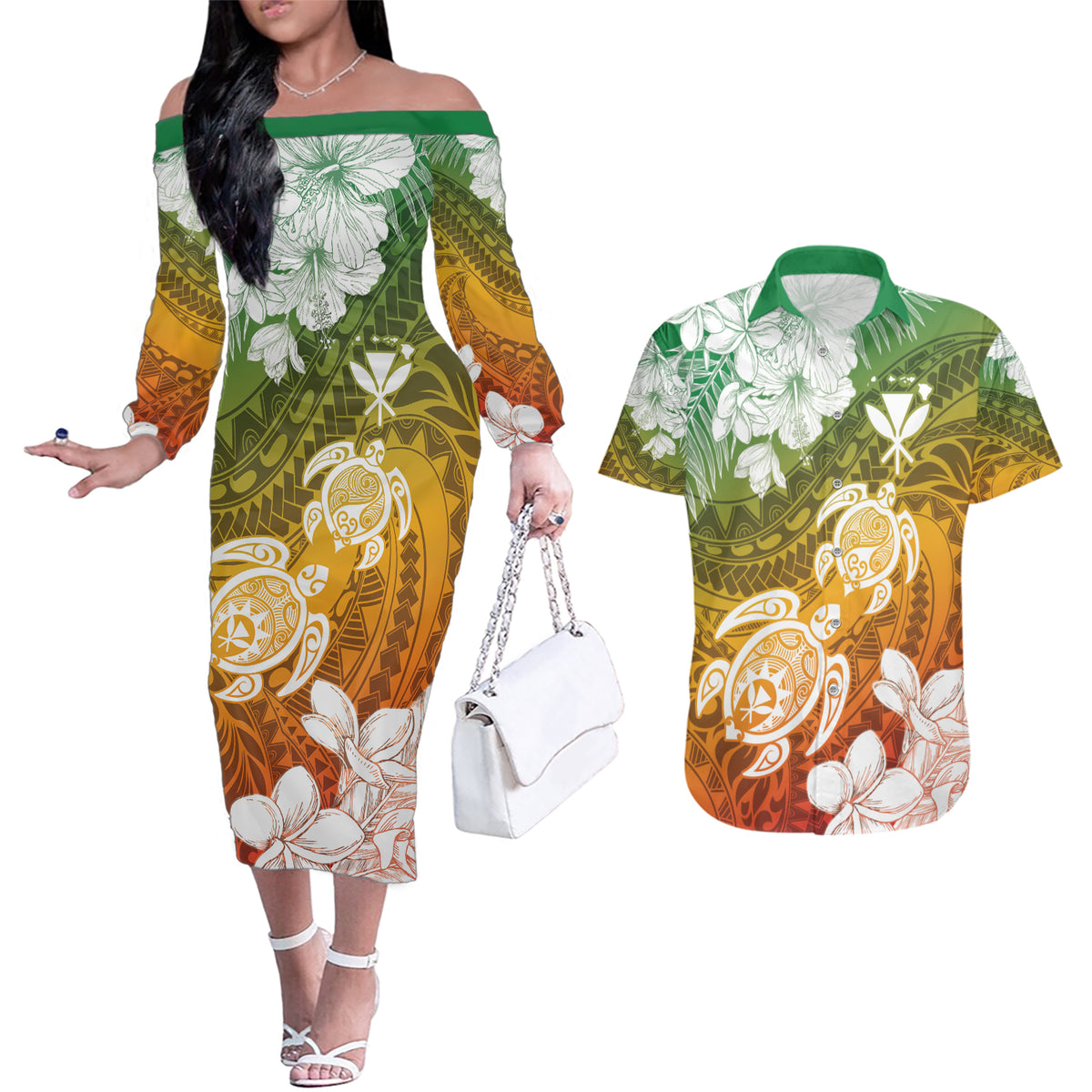 Kanaka Maoli Hawaii Flag Day Couples Matching Off The Shoulder Long Sleeve Dress and Hawaiian Shirt Vibrant Frangipani LT7 Colorful - Polynesian Pride
