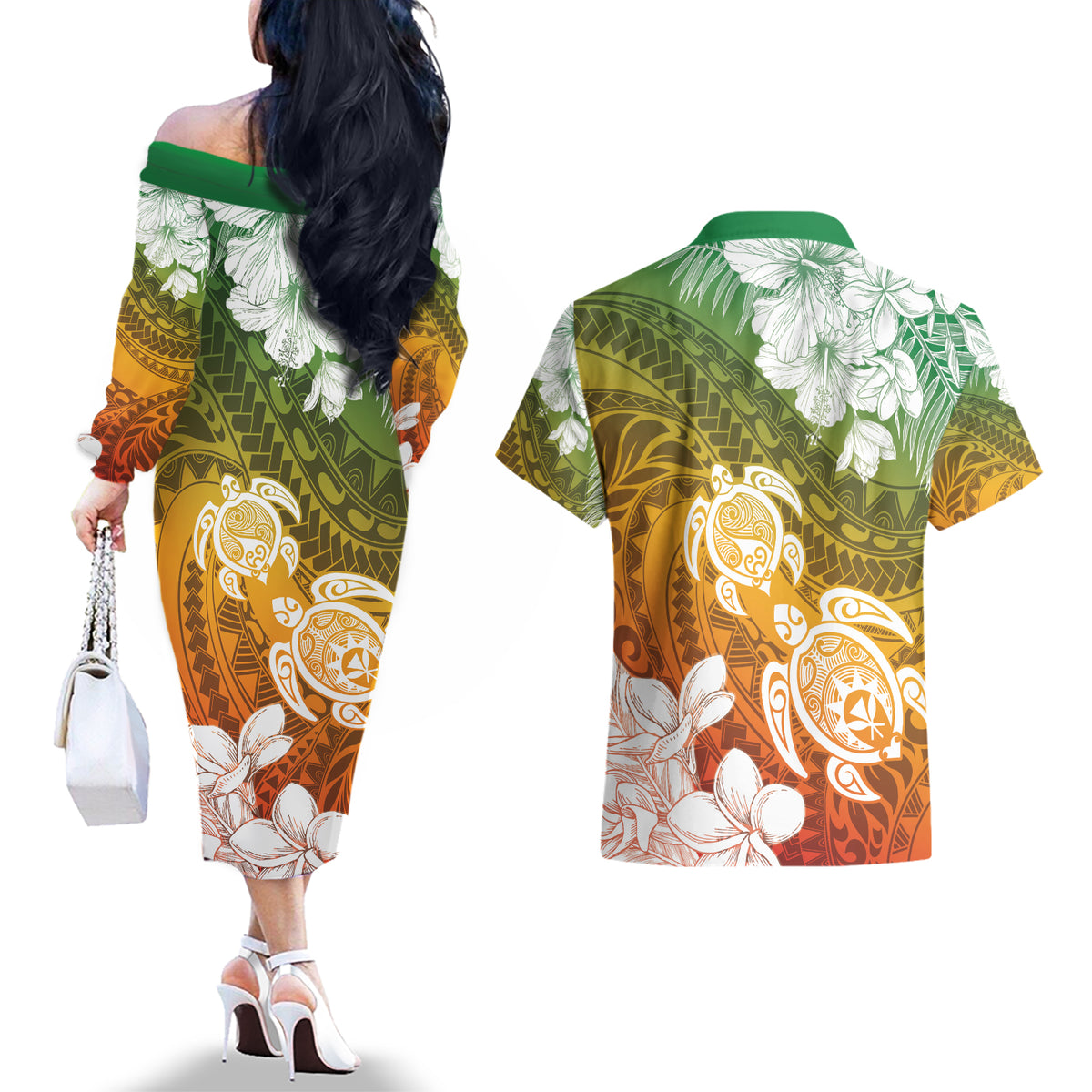 Kanaka Maoli Hawaii Flag Day Couples Matching Off The Shoulder Long Sleeve Dress and Hawaiian Shirt Vibrant Frangipani LT7 - Polynesian Pride