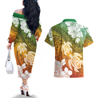 Kanaka Maoli Hawaii Flag Day Couples Matching Off The Shoulder Long Sleeve Dress and Hawaiian Shirt Vibrant Frangipani LT7 - Polynesian Pride