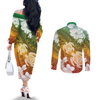 Kanaka Maoli Hawaii Flag Day Couples Matching Off The Shoulder Long Sleeve Dress and Long Sleeve Button Shirt Vibrant Frangipani LT7 - Polynesian Pride