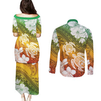 Kanaka Maoli Hawaii Flag Day Couples Matching Puletasi and Long Sleeve Button Shirt Vibrant Frangipani LT7 - Polynesian Pride