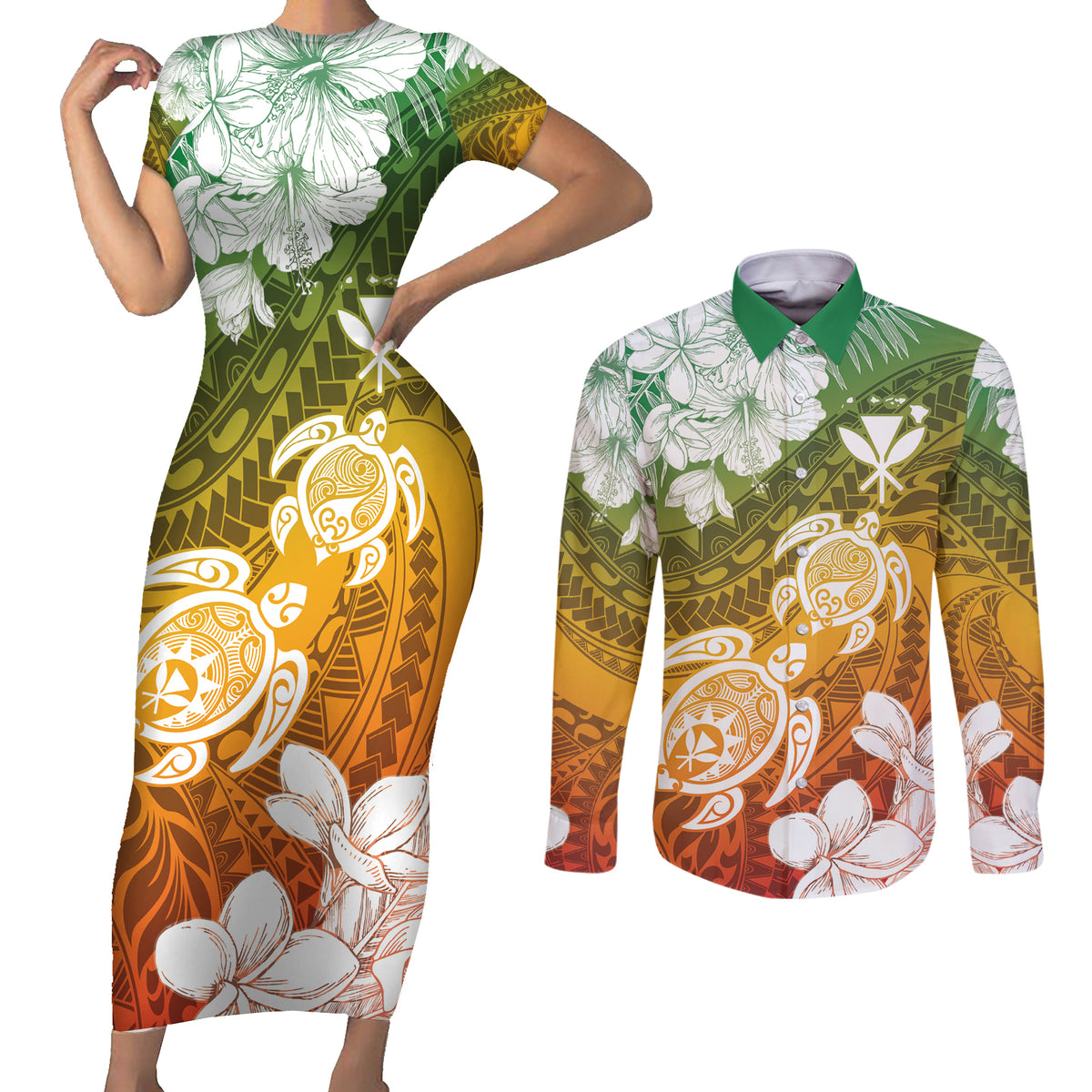 Kanaka Maoli Hawaii Flag Day Couples Matching Short Sleeve Bodycon Dress and Long Sleeve Button Shirt Vibrant Frangipani LT7 Colorful - Polynesian Pride