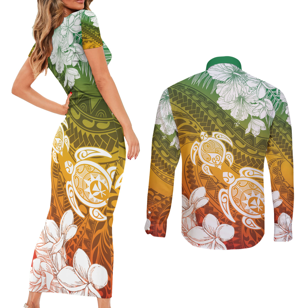 Kanaka Maoli Hawaii Flag Day Couples Matching Short Sleeve Bodycon Dress and Long Sleeve Button Shirt Vibrant Frangipani LT7 - Polynesian Pride