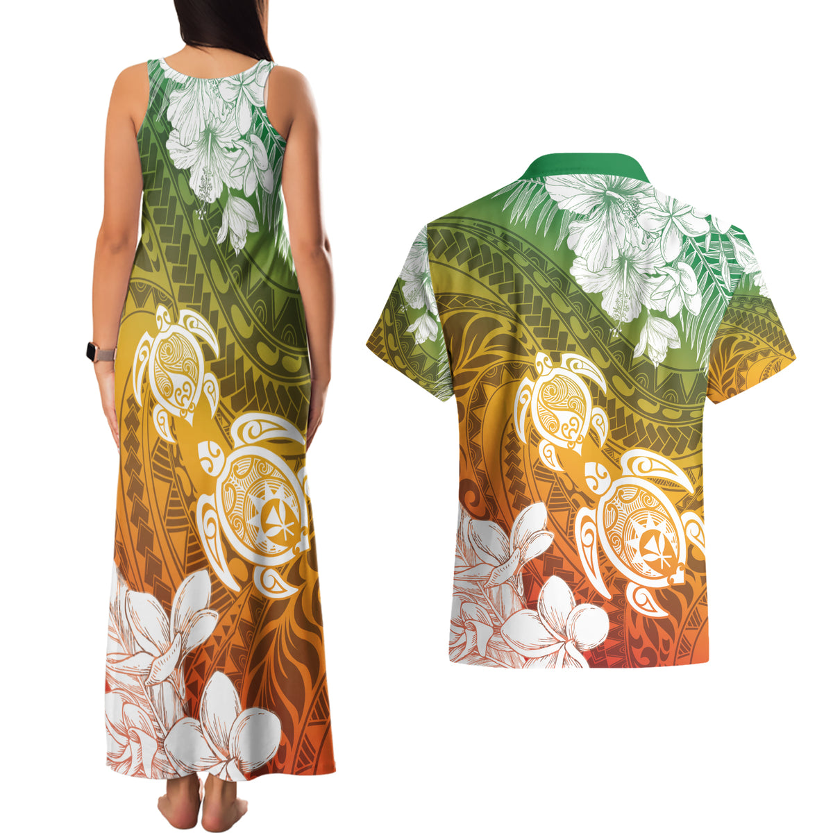 Kanaka Maoli Hawaii Flag Day Couples Matching Tank Maxi Dress and Hawaiian Shirt Vibrant Frangipani LT7 - Polynesian Pride