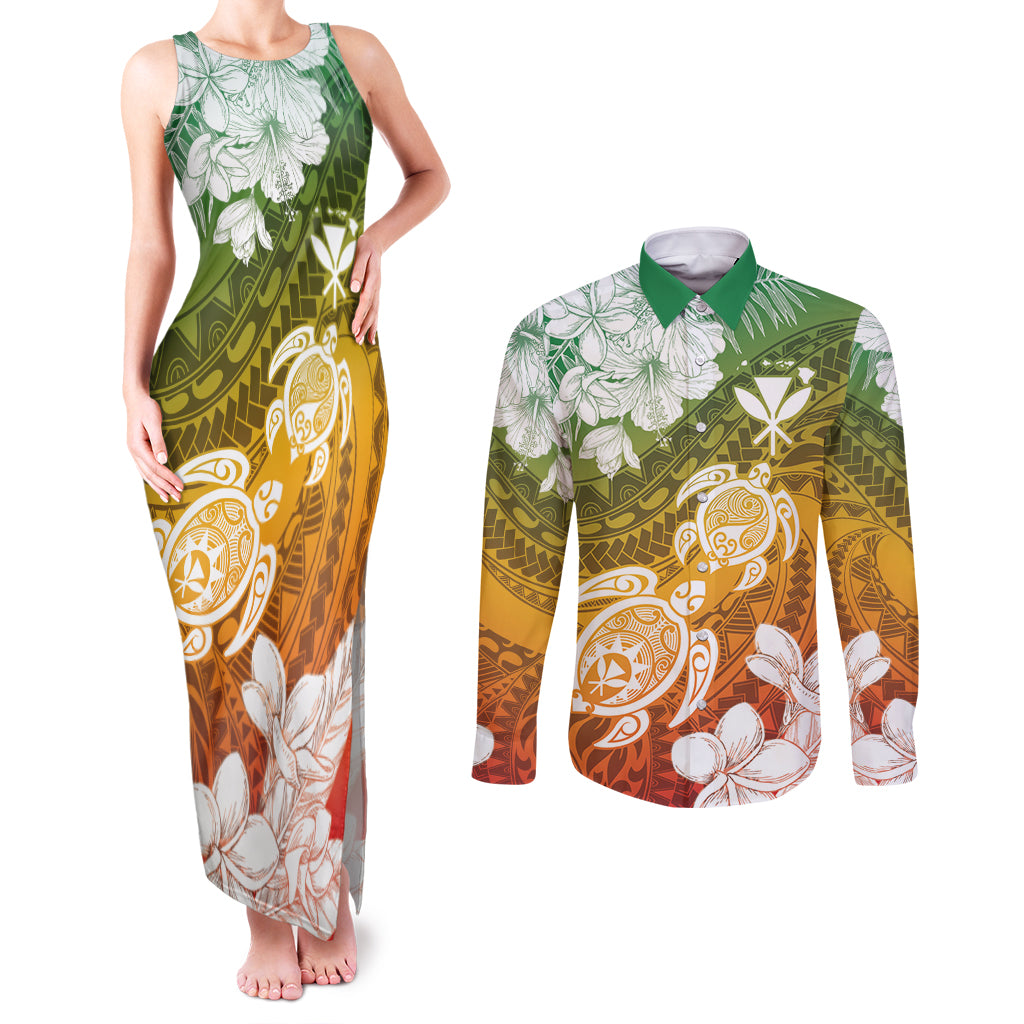 Kanaka Maoli Hawaii Flag Day Couples Matching Tank Maxi Dress and Long Sleeve Button Shirt Vibrant Frangipani LT7 Colorful - Polynesian Pride