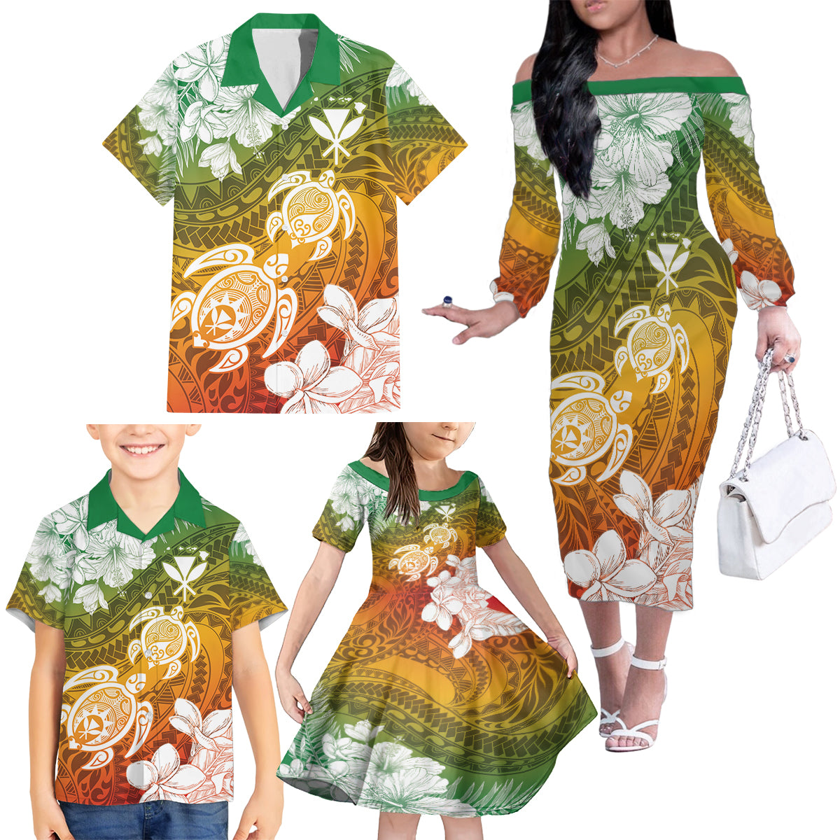 Kanaka Maoli Hawaii Flag Day Family Matching Off The Shoulder Long Sleeve Dress and Hawaiian Shirt Vibrant Frangipani LT7 - Polynesian Pride