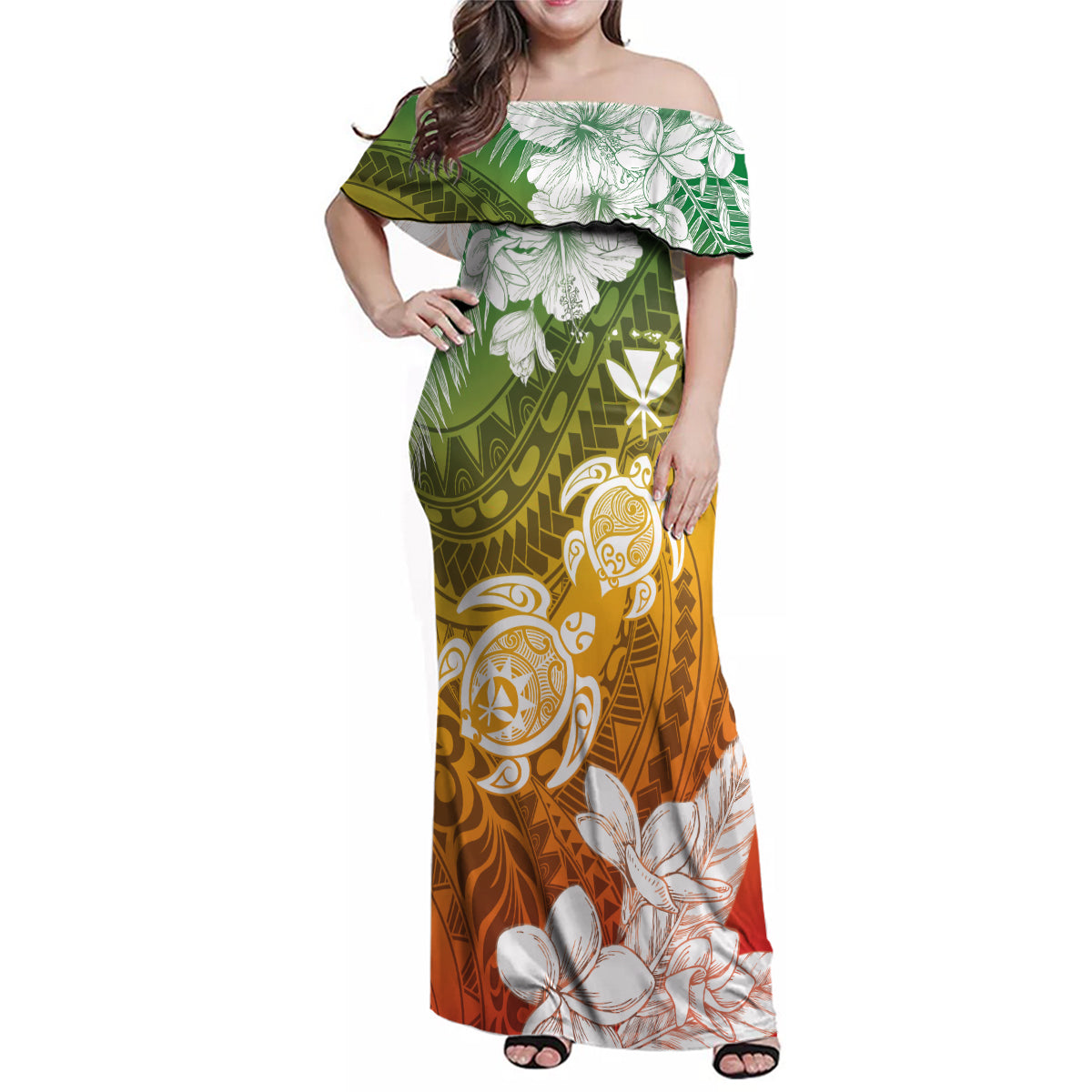 Kanaka Maoli Hawaii Flag Day Family Matching Off Shoulder Maxi Dress and Hawaiian Shirt Vibrant Frangipani LT7 Mom's Dress Colorful - Polynesian Pride