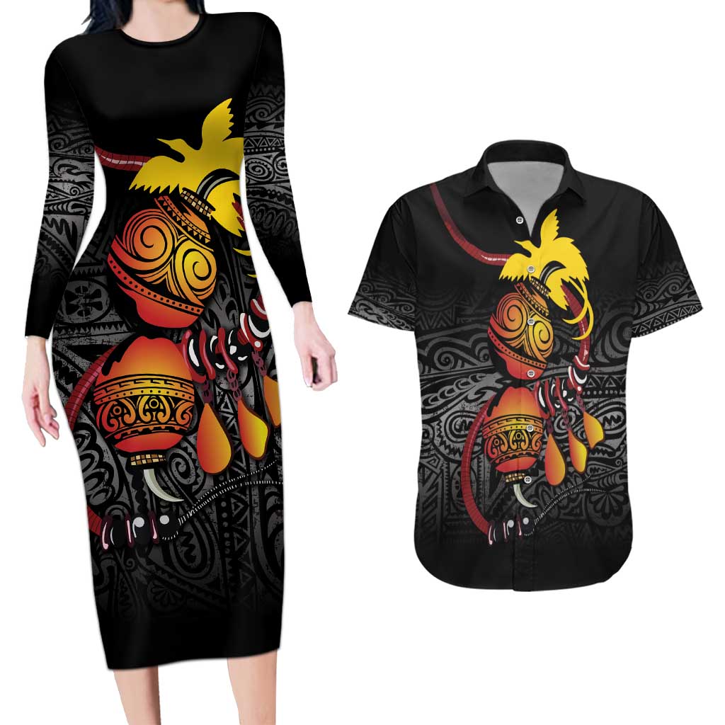 Personalized Papua New Guinea Milne Bay Couples Matching Long Sleeve Bodycon Dress and Hawaiian Shirt Bagi Necklace Mix Lime Pot Grunge LT7 Black - Polynesian Pride