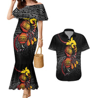 Personalized Papua New Guinea Milne Bay Couples Matching Mermaid Dress and Hawaiian Shirt Bagi Necklace Mix Lime Pot Grunge LT7 Black - Polynesian Pride