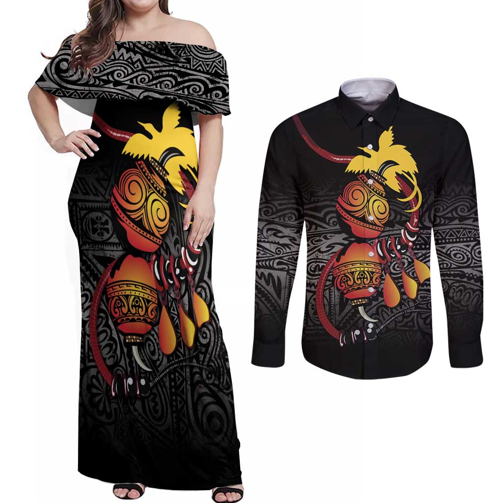 Personalized Papua New Guinea Milne Bay Couples Matching Off Shoulder Maxi Dress and Long Sleeve Button Shirt Bagi Necklace Mix Lime Pot Grunge LT7 Black - Polynesian Pride