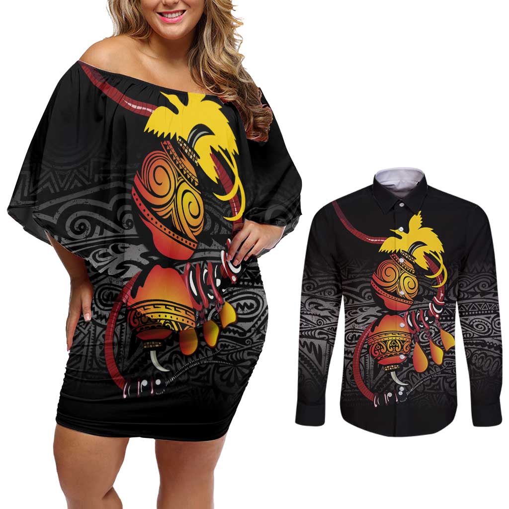 Personalized Papua New Guinea Milne Bay Couples Matching Off Shoulder Short Dress and Long Sleeve Button Shirt Bagi Necklace Mix Lime Pot Grunge LT7 Black - Polynesian Pride