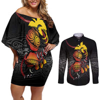 Personalized Papua New Guinea Milne Bay Couples Matching Off Shoulder Short Dress and Long Sleeve Button Shirt Bagi Necklace Mix Lime Pot Grunge LT7 Black - Polynesian Pride